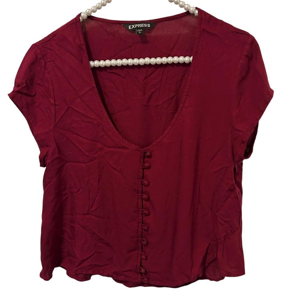 Express Shirt Womens Small Burgundy Button Front V-Neck crop Rayon Top festival